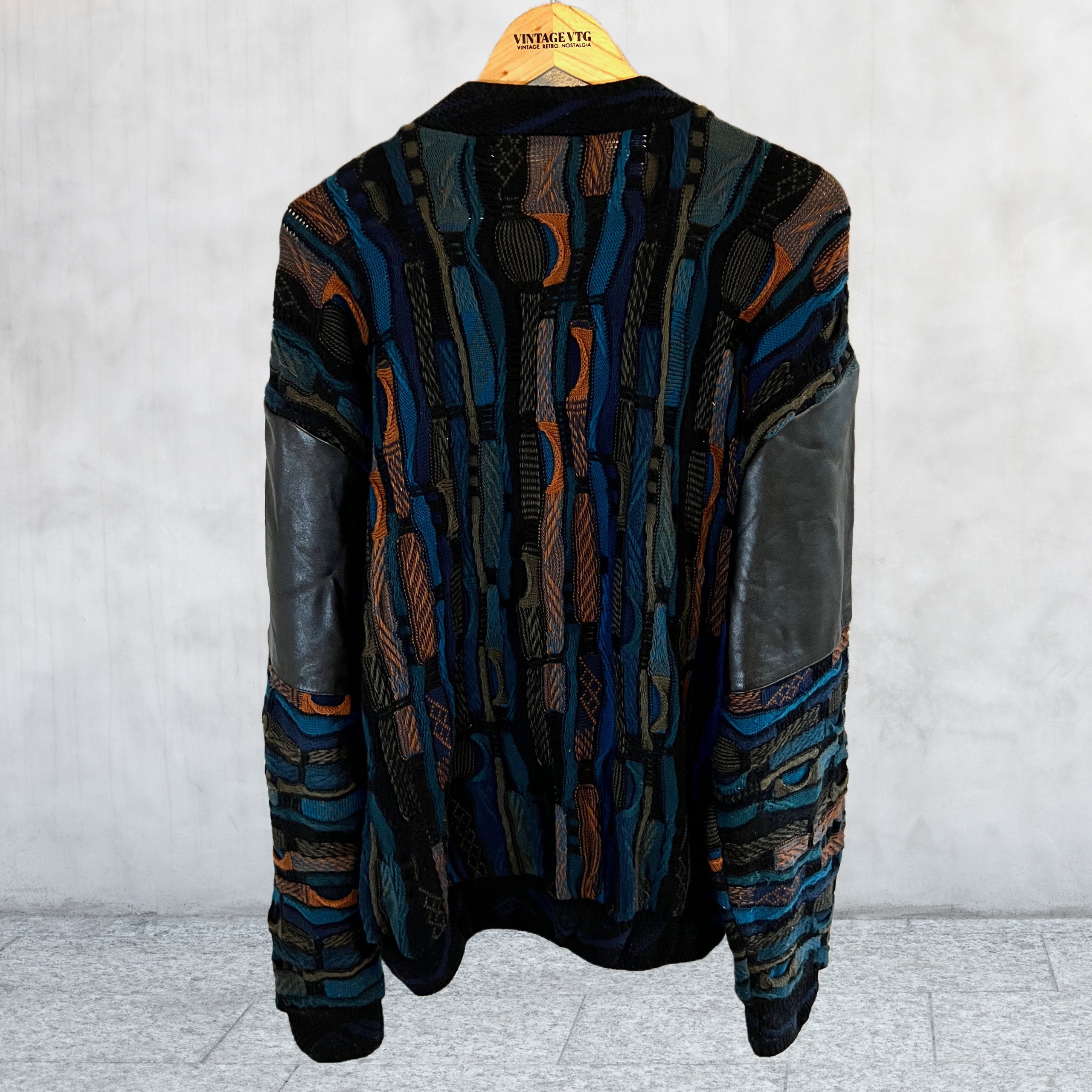 Vintage 80s Saxony Collection Coogi Style Patchwork Leather store Crewneck Sweater XLT