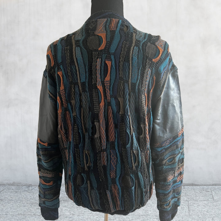 Vintage 80s Saxony sweater leather, suede and wool. 80s Hip Hop sweater. Medium