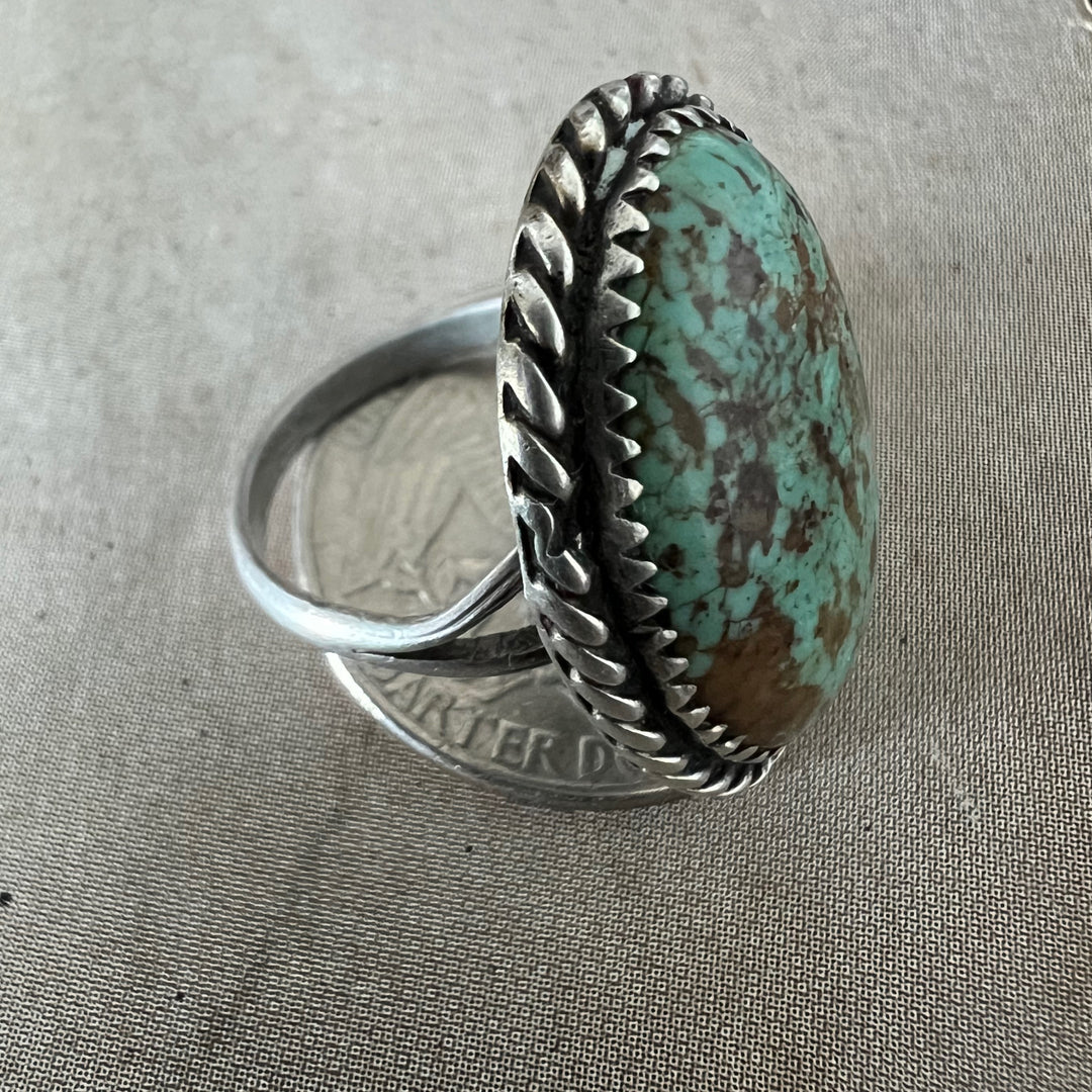 Vintage Braided Alloy Silver Rustic Turquoise Ring.