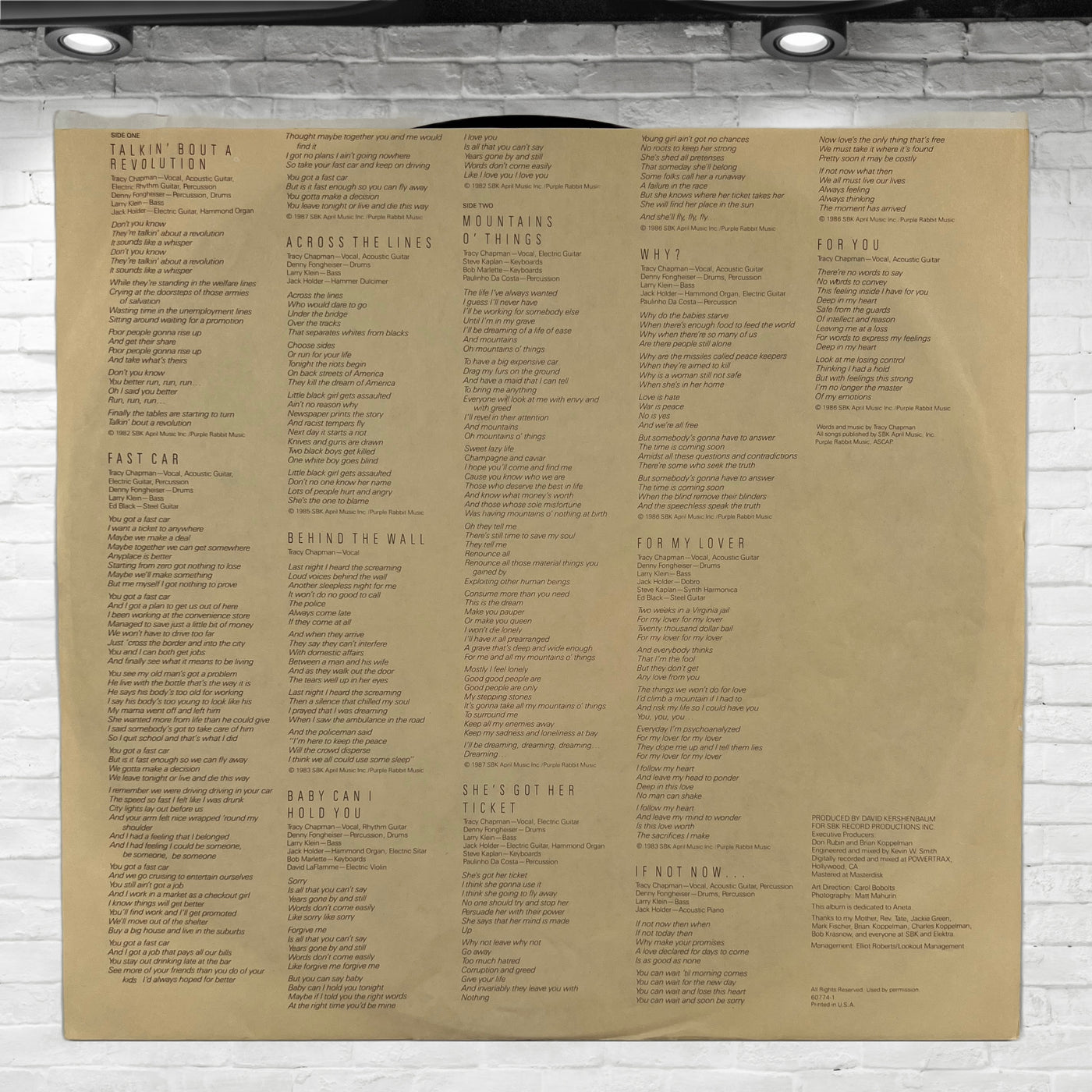 Vintage Original Tracy Chapman 1988 Self Titled Vinyl Album.