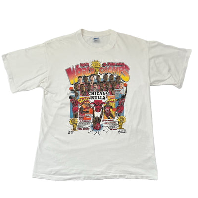 Vintage 1993 Chicago Bulls 3 Time NBA World Champs Caricature T-Shirt. XL